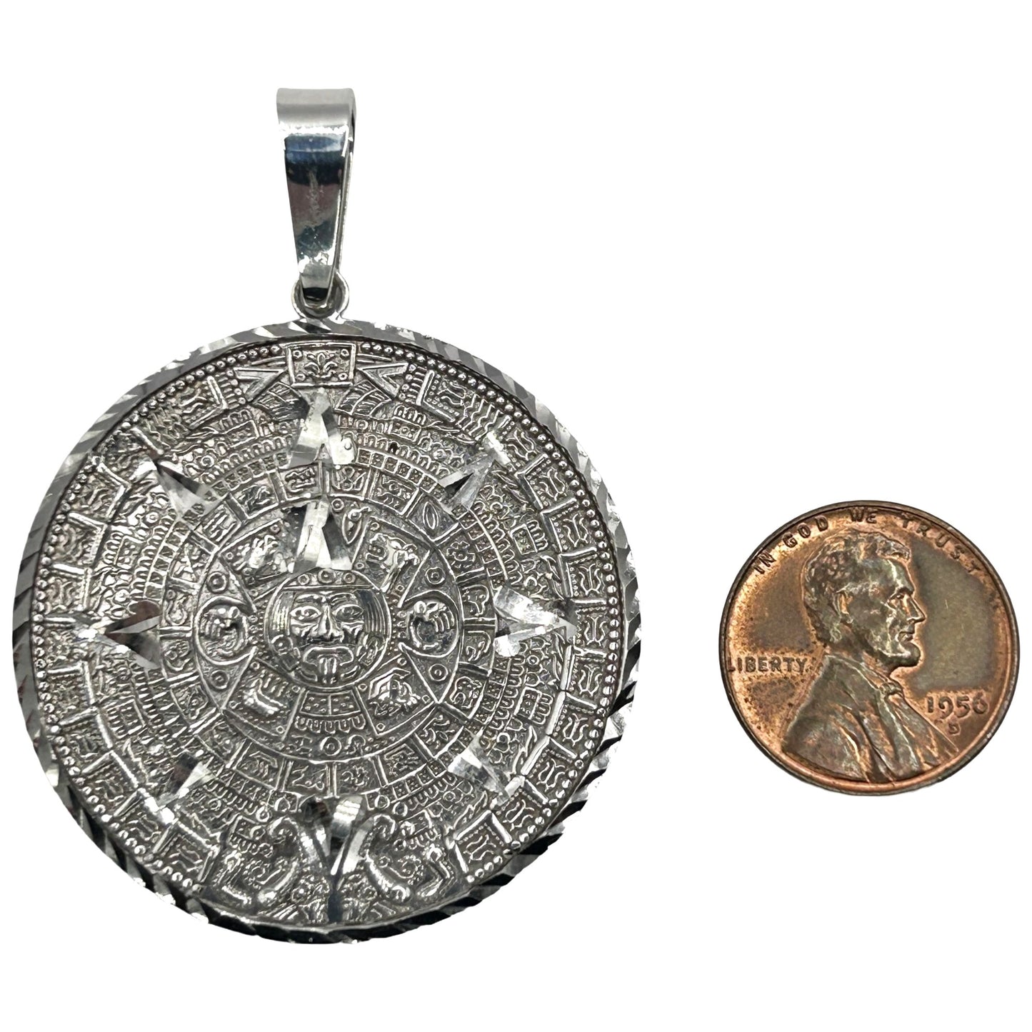 925 Sterling Silver Men Women’s Diamond Cut Aztec Mayan Calendar Medal Pendant