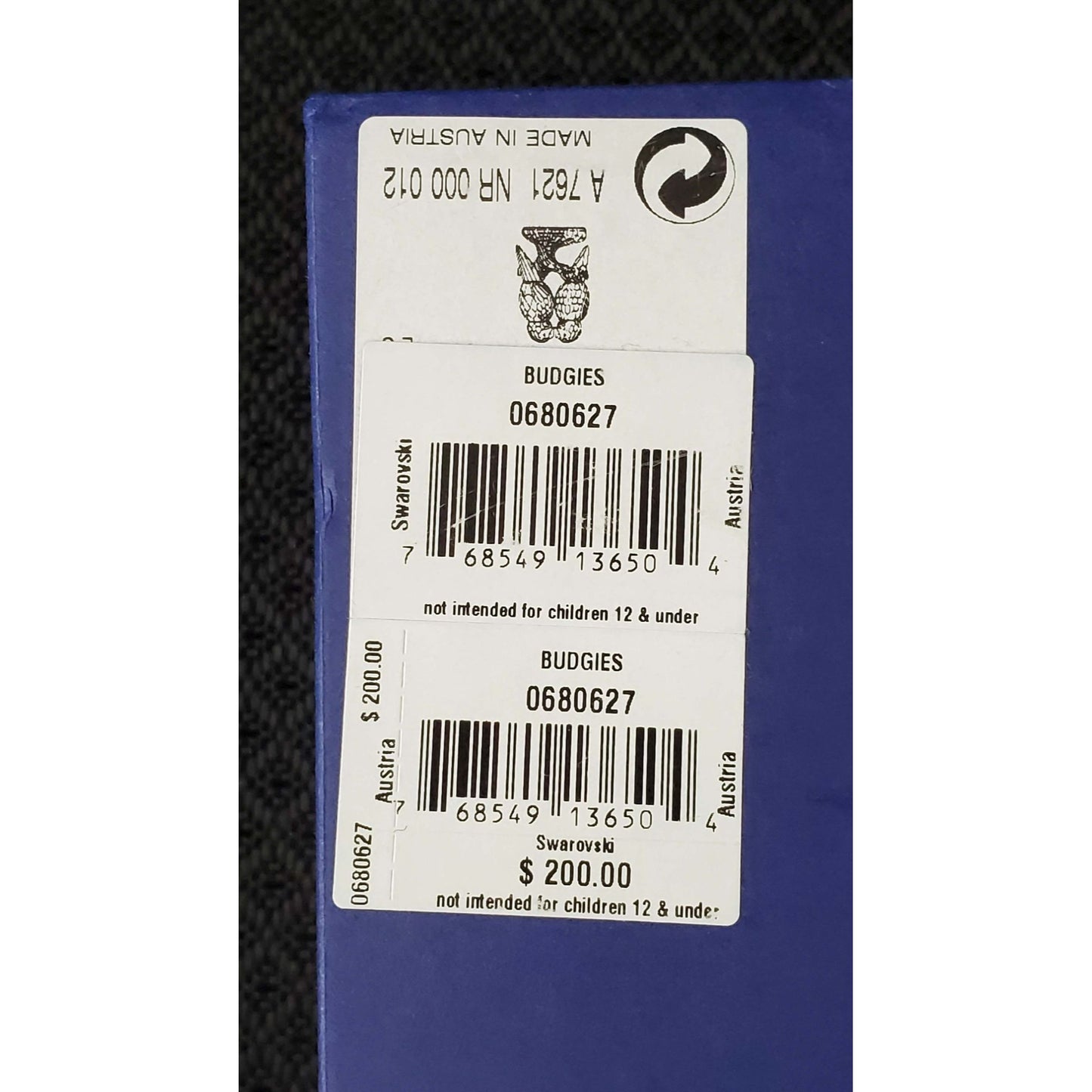 Swarovski Crystal #0680627 "Budgies" Parakeet Parrot Bird w/Original Box & COA