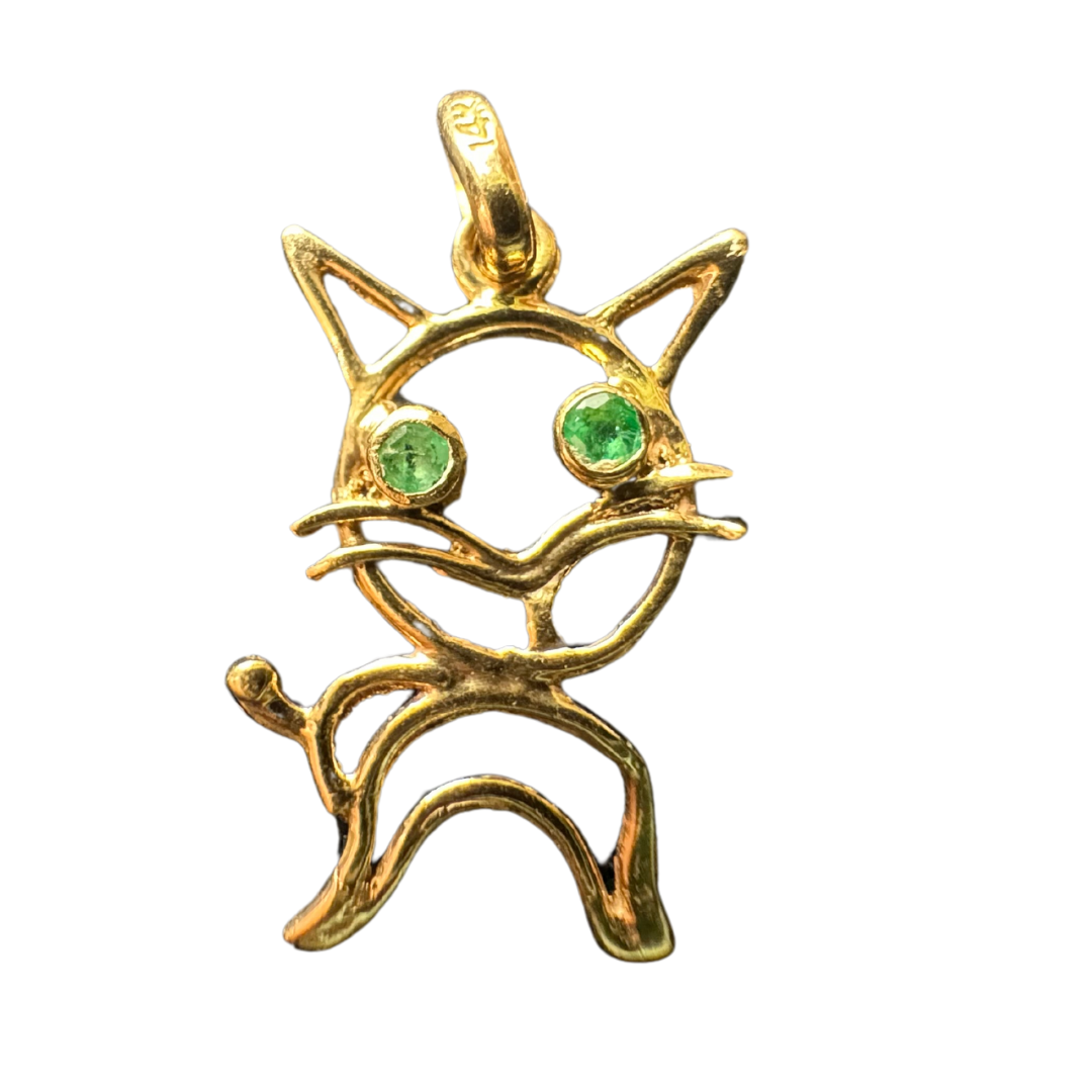 14k Yellow Gold Cat with Green Eyes Charm Pendant