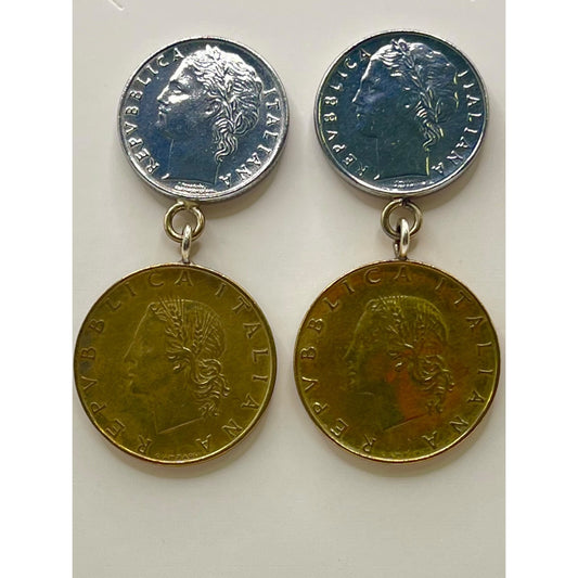 Milor Italy Sterling Gold Vermeil Italian Lire Coin Dangle Drop Earrings