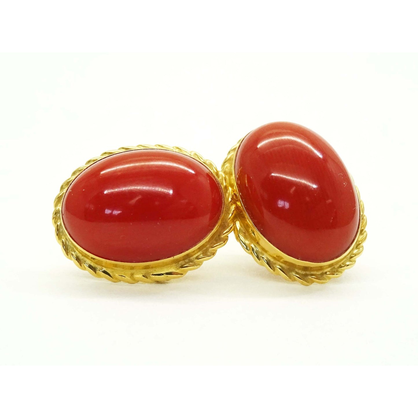 Italian Oxblood Red Natural Coral Oval Cabochon Stud Earrings 18k Gold