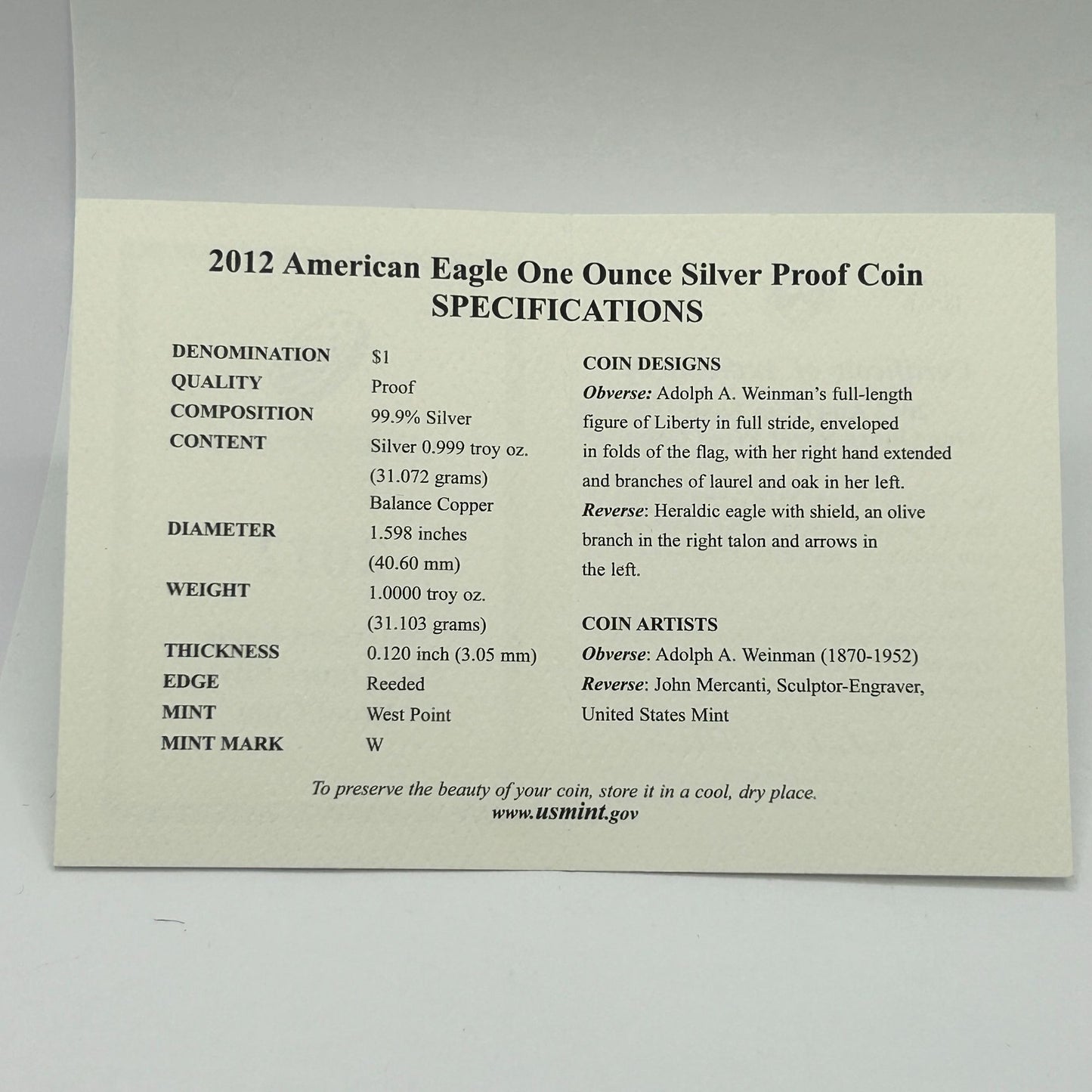 2012-W Westpoint Proof Silver American Eagle Dollar Coin OGP & COA