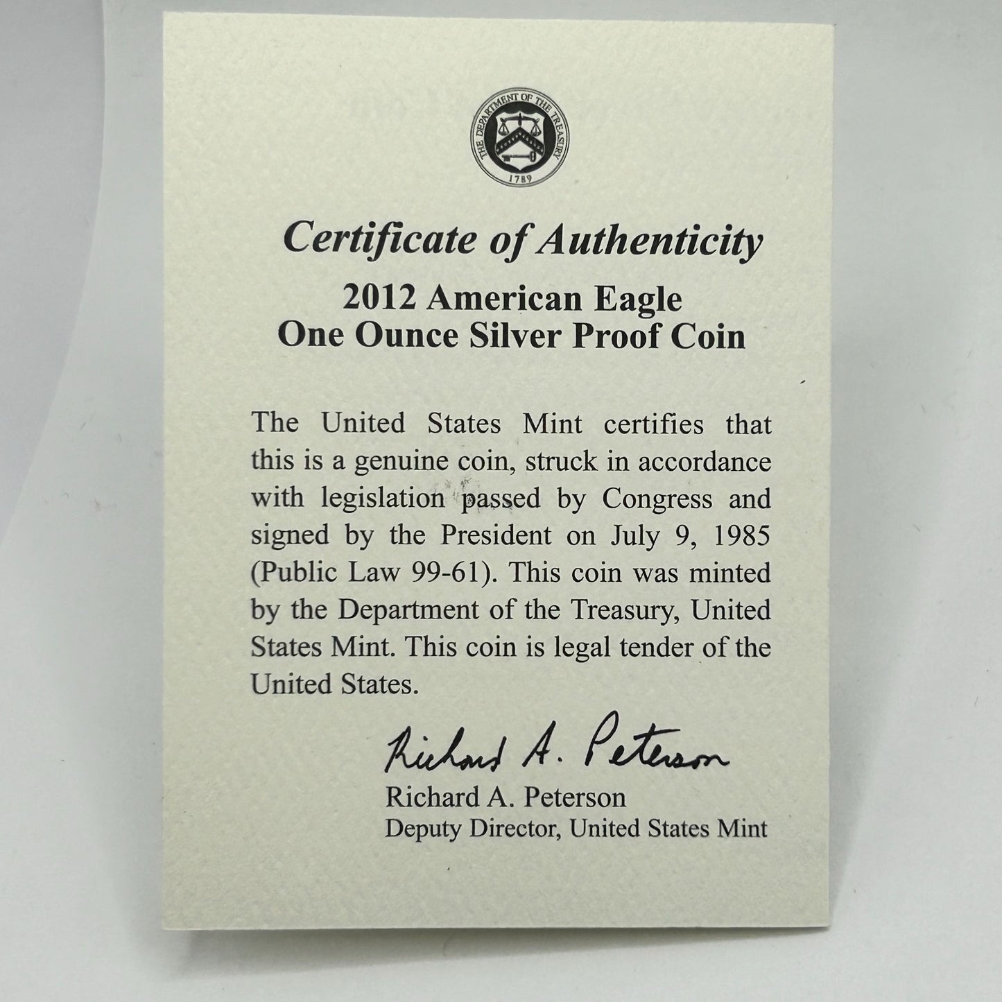 2012-W Westpoint Proof Silver American Eagle Dollar Coin OGP & COA