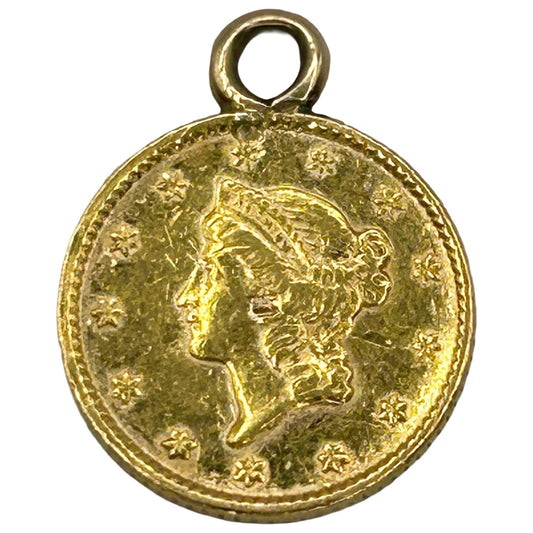Genuine 1853 Liberty Head $1 Coin Pendant 21.6k Yellow Gold - 1.8g