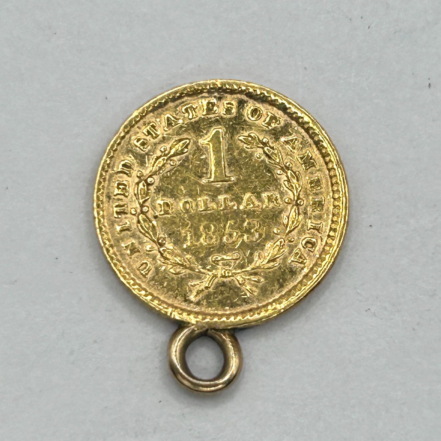 Genuine 1853 Liberty Head $1 Coin Pendant 21.6k Yellow Gold - 1.8g