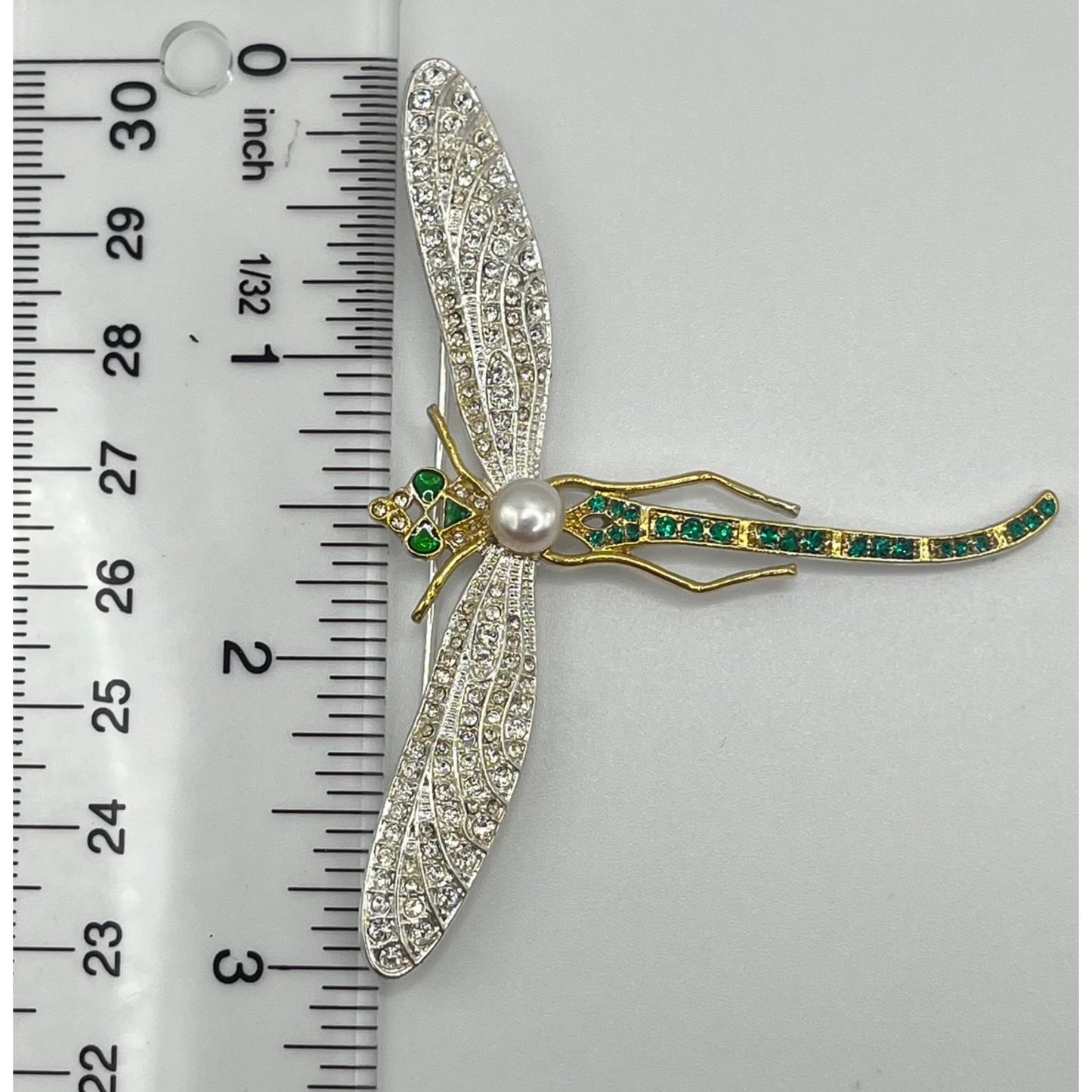 MMA Museum of Modern Art Gold Tone Dragonfly Brooch Pearl Rhinestones Green