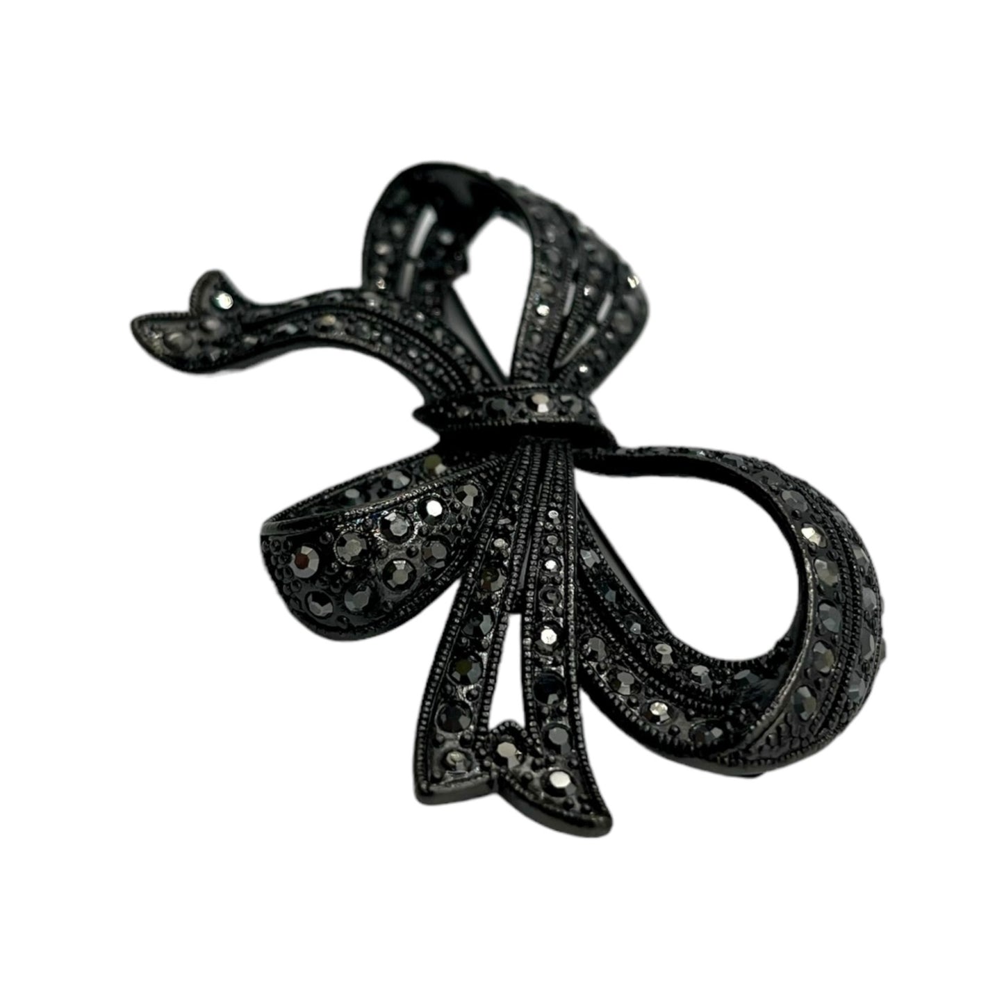 R.J. Graziano Gunmetal Bow Brooch Pin Big Statement Marcasite Ribbon