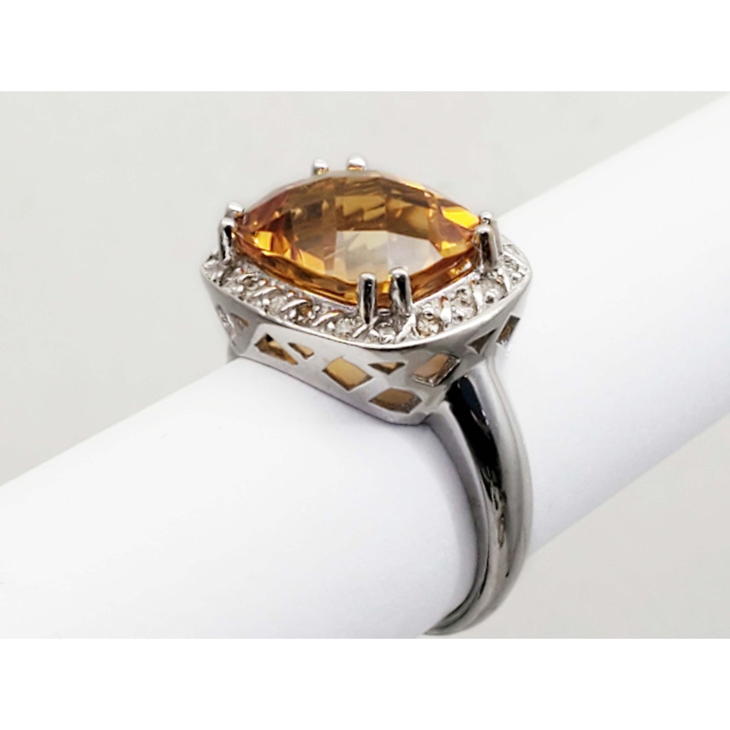 4.7 ctw Fancy Cushion Citrine & Diamond Halo Ring 14k White Gold Size 6.25