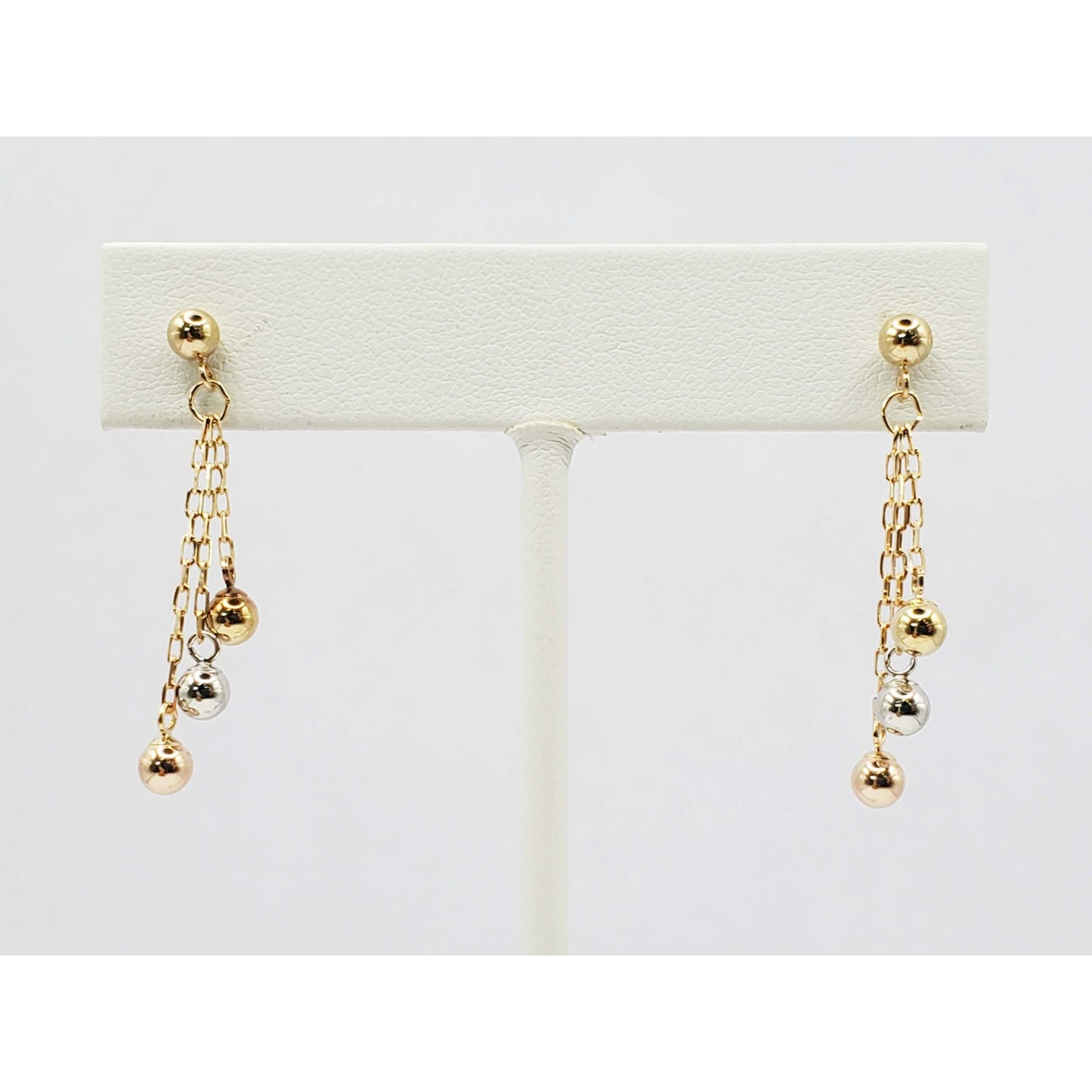 4mm Tricolor Ball Bead Dangle Earrings 14k Yellow / White / Rose Gold