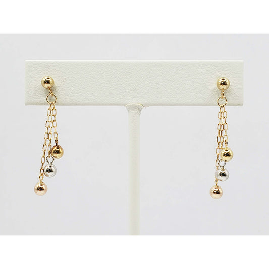 4mm Tricolor Ball Bead Dangle Earrings 14k Yellow / White / Rose Gold