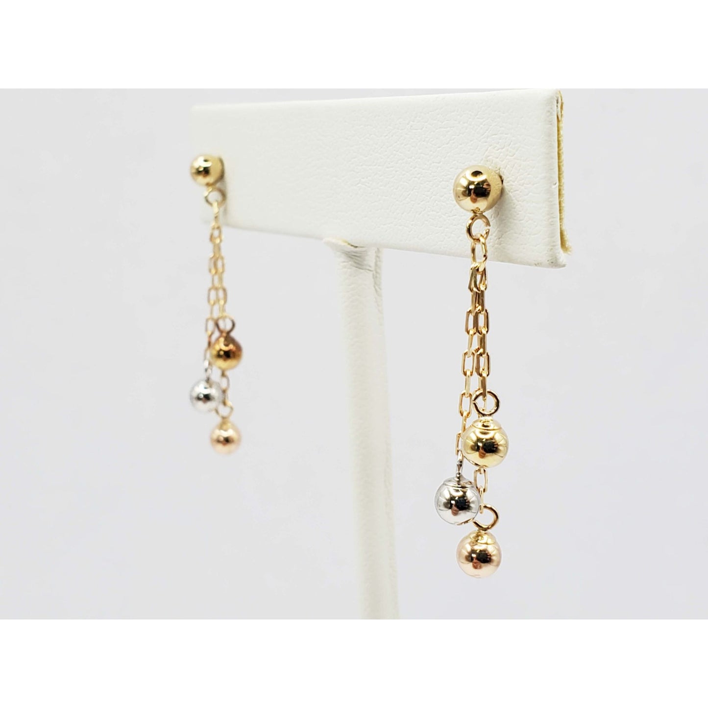 4mm Tricolor Ball Bead Dangle Earrings 14k Yellow / White / Rose Gold