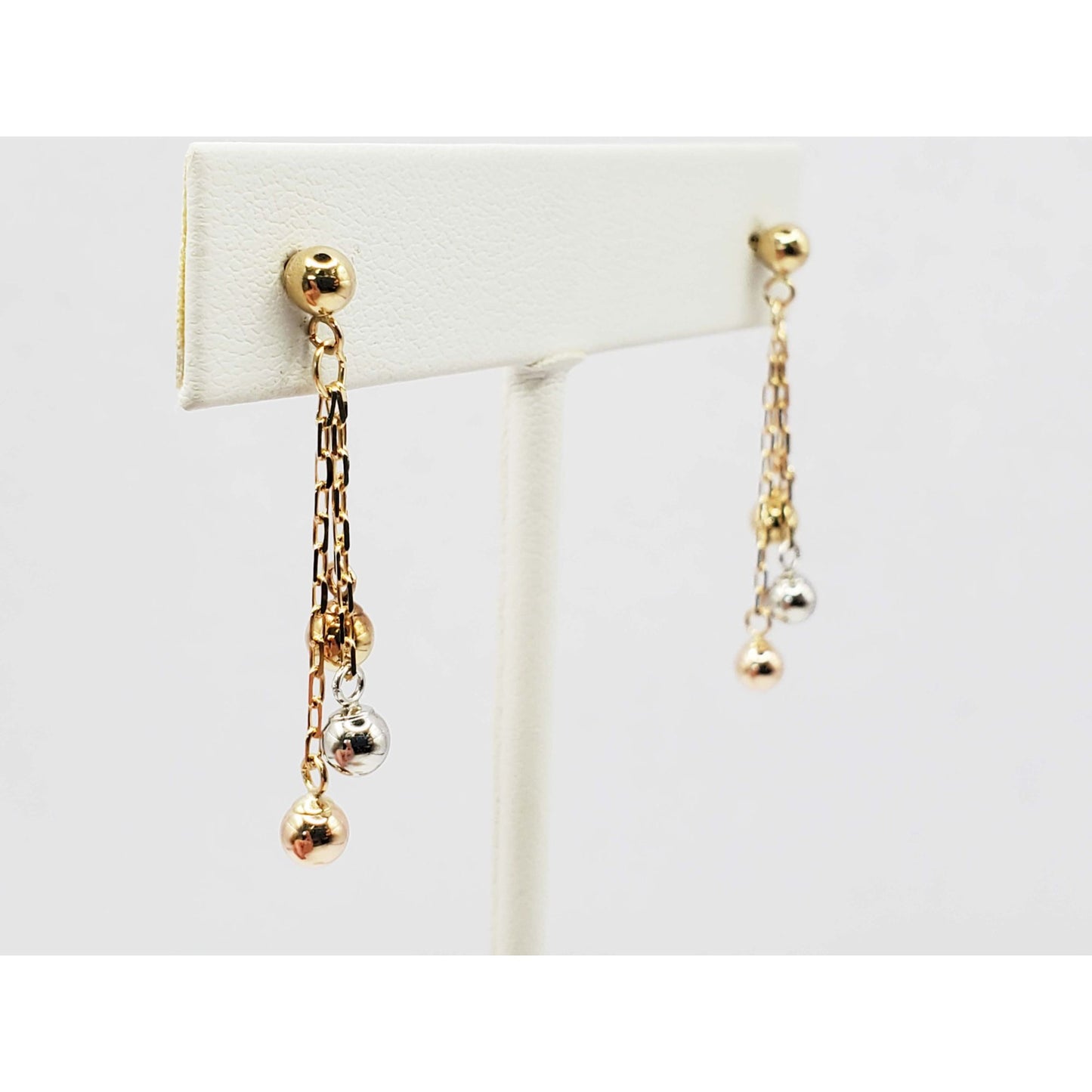 4mm Tricolor Ball Bead Dangle Earrings 14k Yellow / White / Rose Gold
