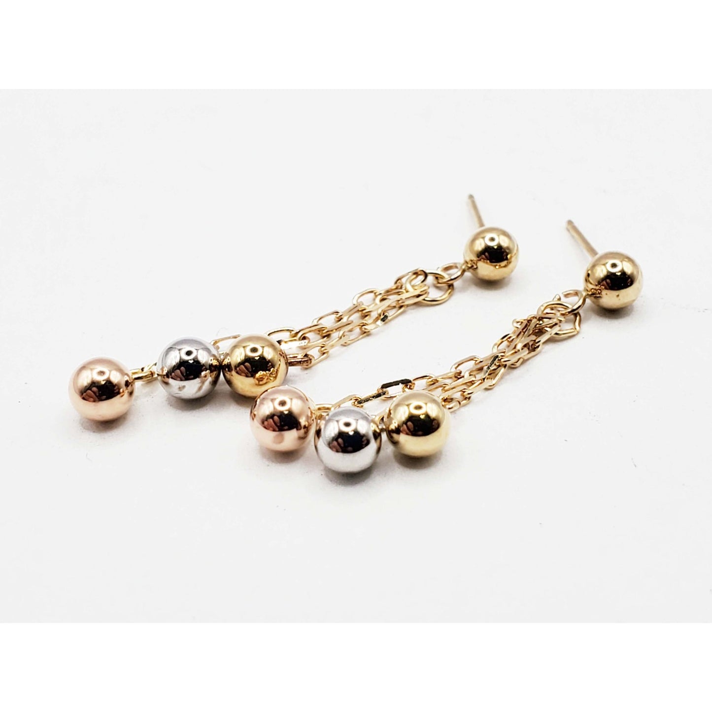 4mm Tricolor Ball Bead Dangle Earrings 14k Yellow / White / Rose Gold