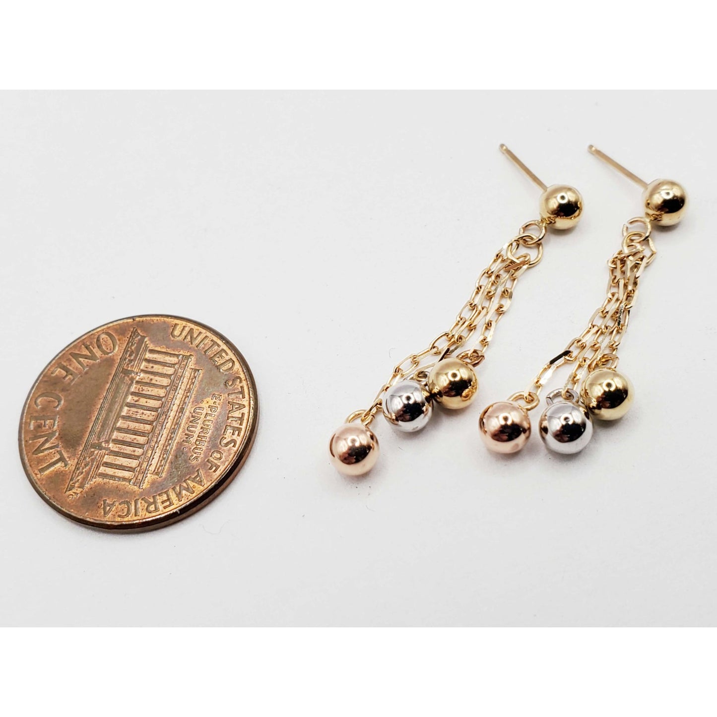 4mm Tricolor Ball Bead Dangle Earrings 14k Yellow / White / Rose Gold