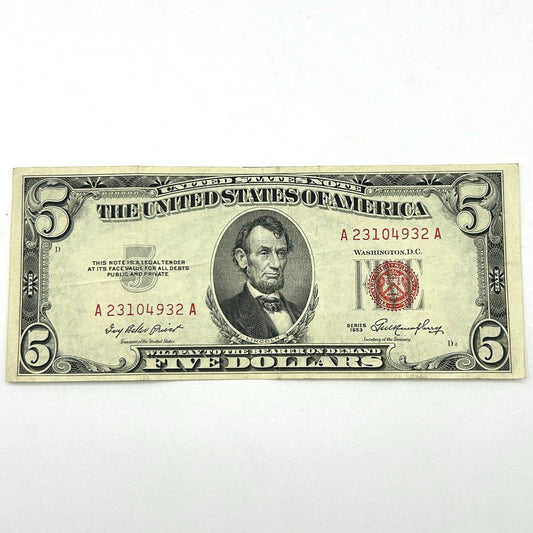 1953 $5 Five Dollar Bill Red Seal - Circulated - A23104932A