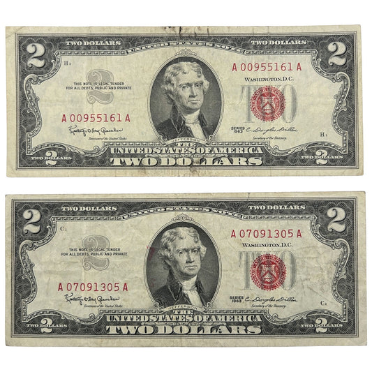LOT OF 2 1963 Red Seal $2 Bill Banknotes - Circulated