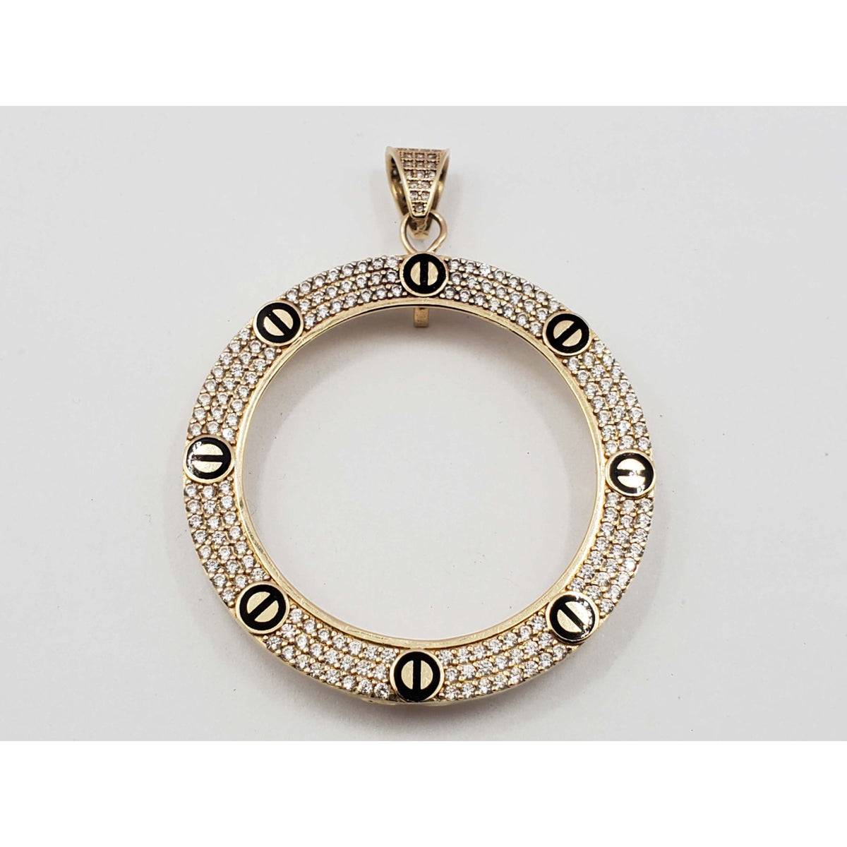 14k Yellow Gold Coin Bezel Pendant Black Enamel CZ Pave