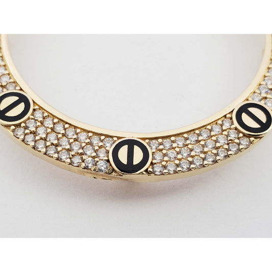 14k Yellow Gold Coin Bezel Pendant Black Enamel CZ Pave