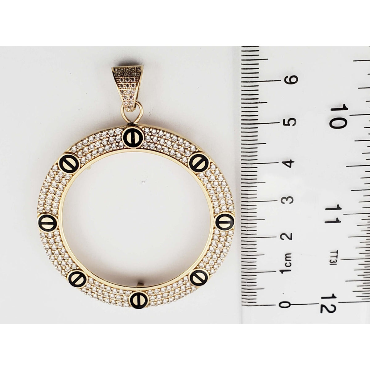 14k Yellow Gold Coin Bezel Pendant Black Enamel CZ Pave