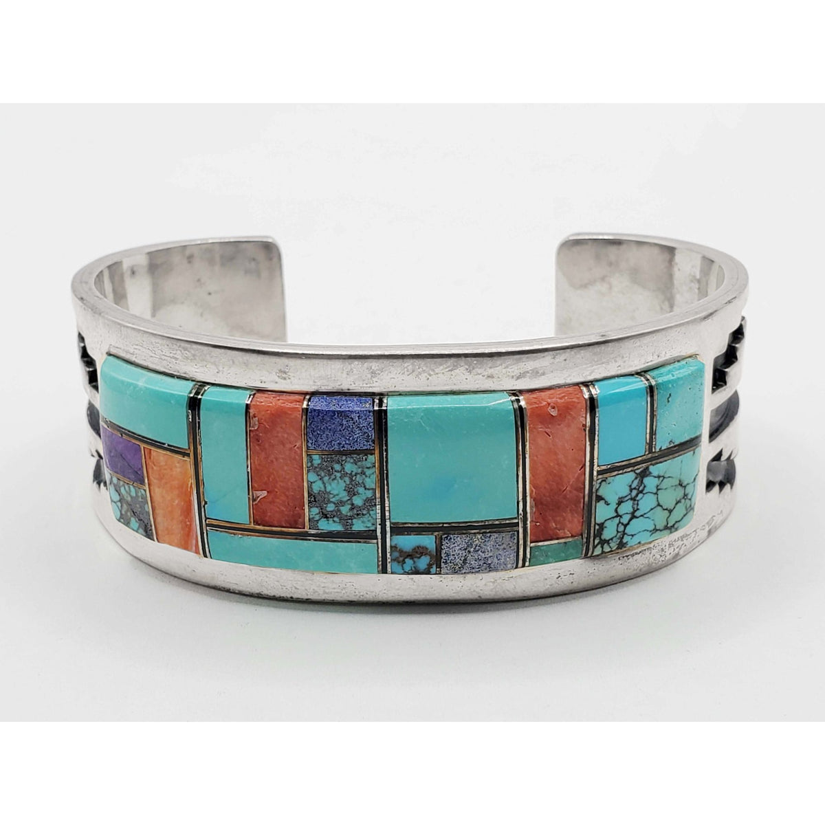 Southwestern Multi-Gemstone Inlay Cuff Bracelet Sterling Silver TJ(?)