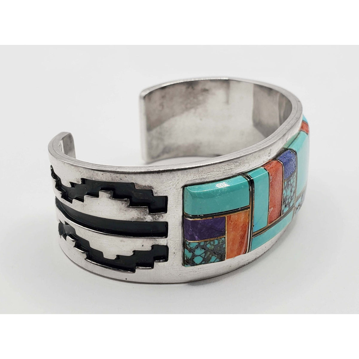 Southwestern Multi-Gemstone Inlay Cuff Bracelet Sterling Silver TJ(?)