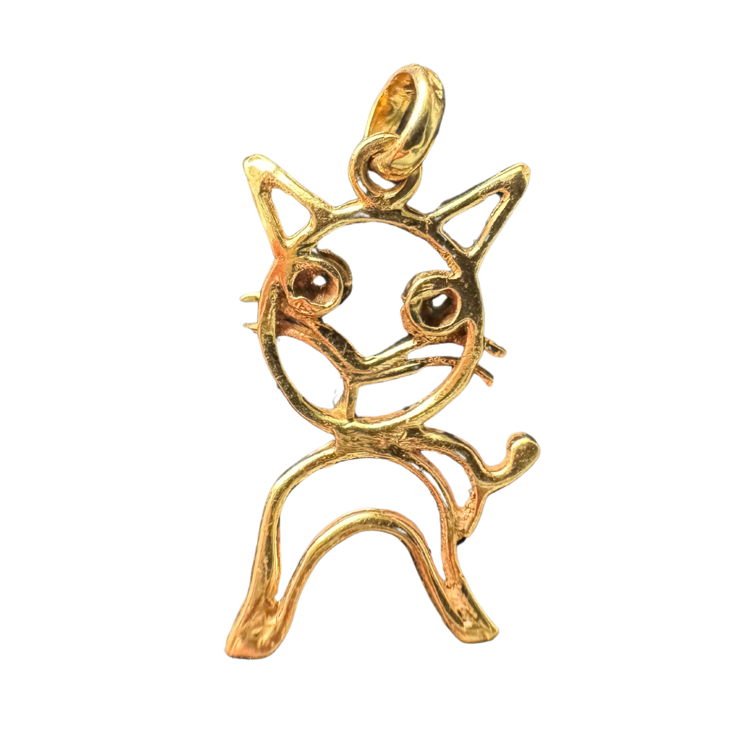 14k Yellow Gold Cat with Green Eyes Charm Pendant