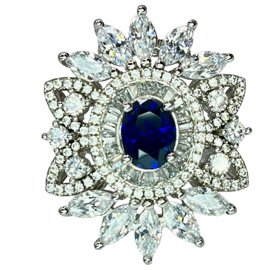 925 Sterling Silver Blue Sapphire CZ Size 7.75 Ring Statement Cocktail Art Deco