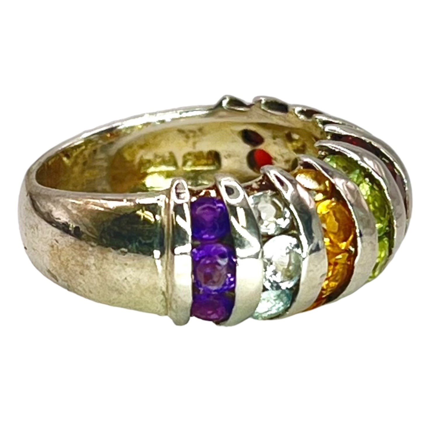 Sterling Silver Domed Multi Gemstone Ring Size 5.75 Colorful Peridot Amethyst