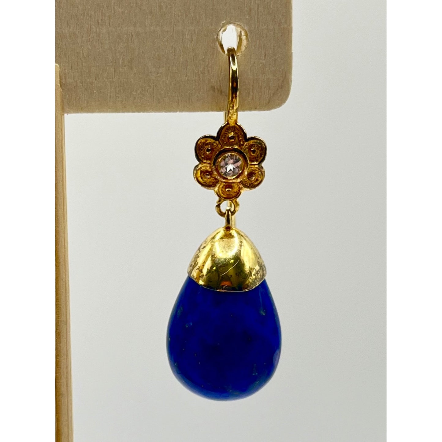 Veronese Blue Lapis Dangle Drop Earrings Sterling Silver Gold Vermeil CZ Flowers