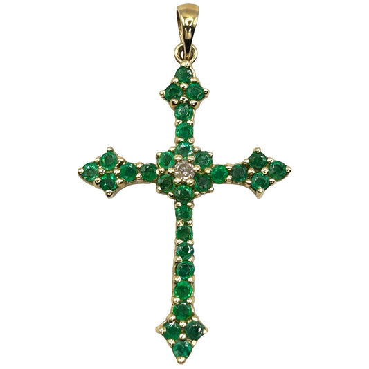 14k Yellow Gold Natural Emerald and Diamond Cross Pendant