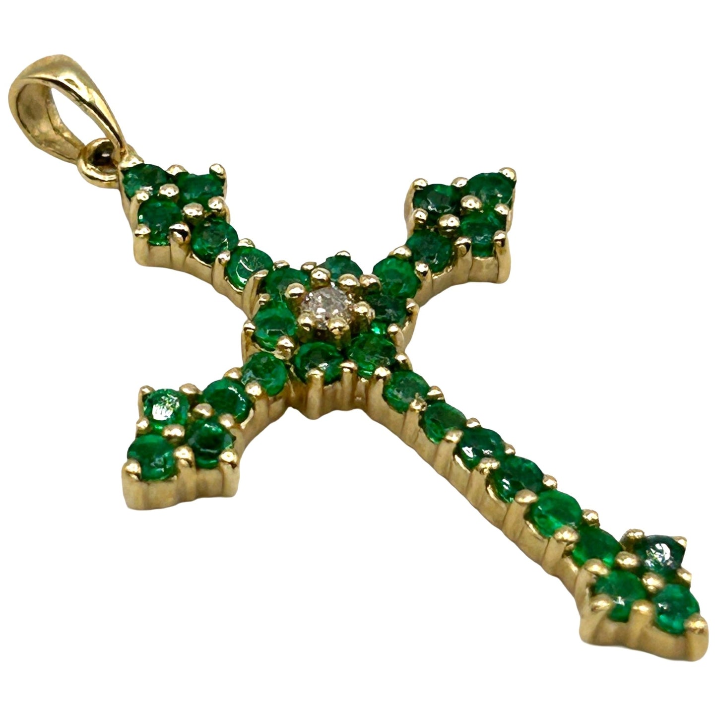 14k Yellow Gold Natural Emerald and Diamond Cross Pendant