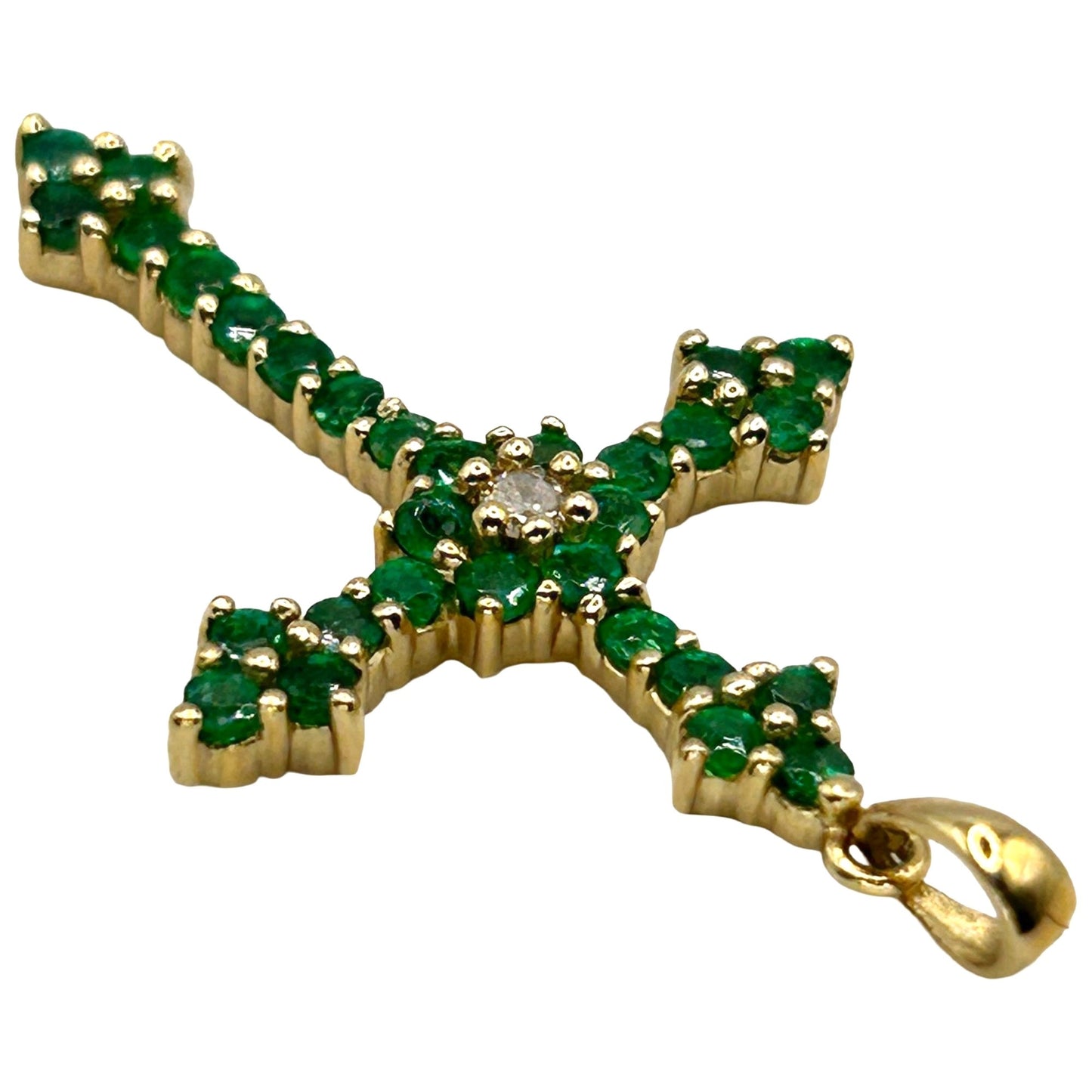 14k Yellow Gold Natural Emerald and Diamond Cross Pendant