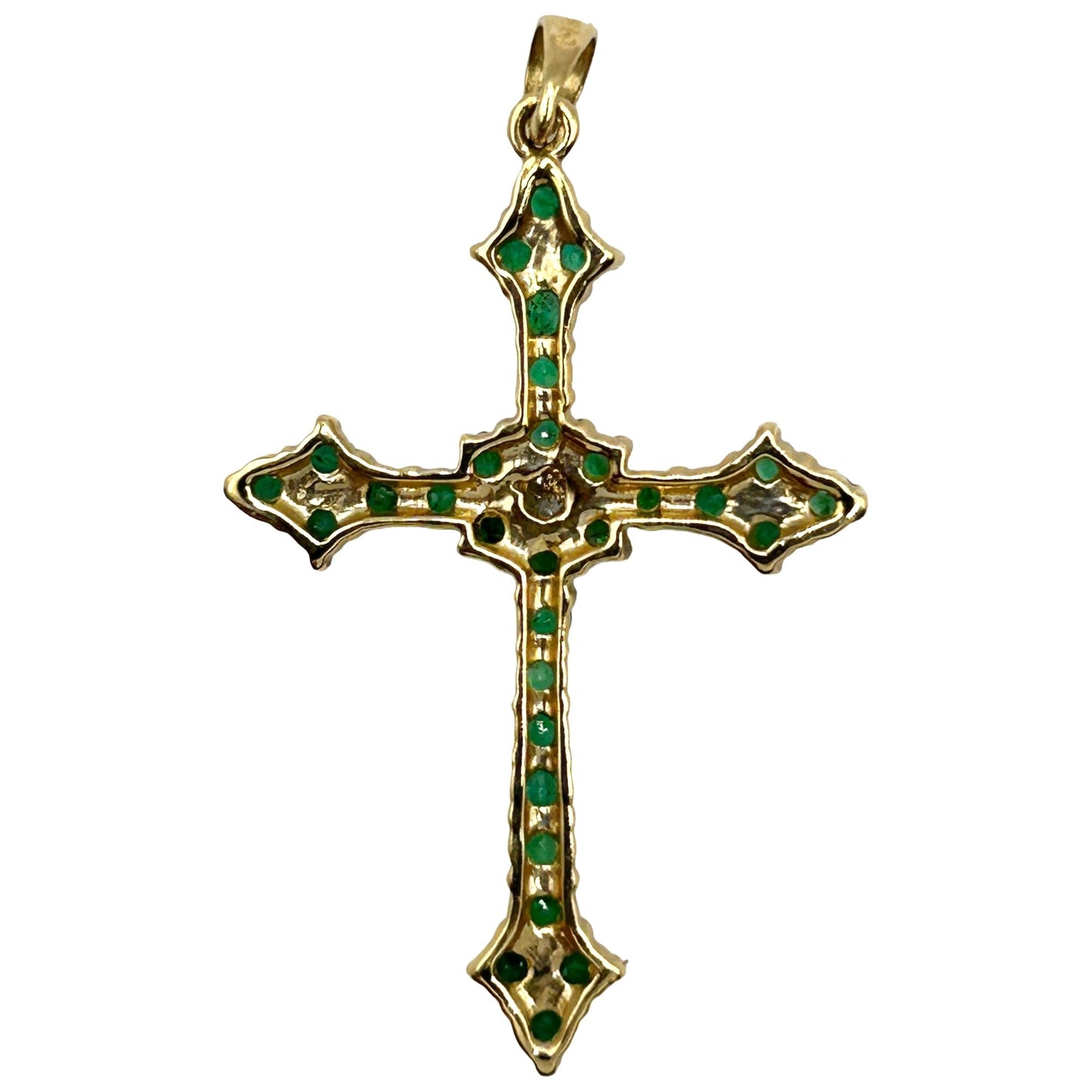 14k Yellow Gold Natural Emerald and Diamond Cross Pendant