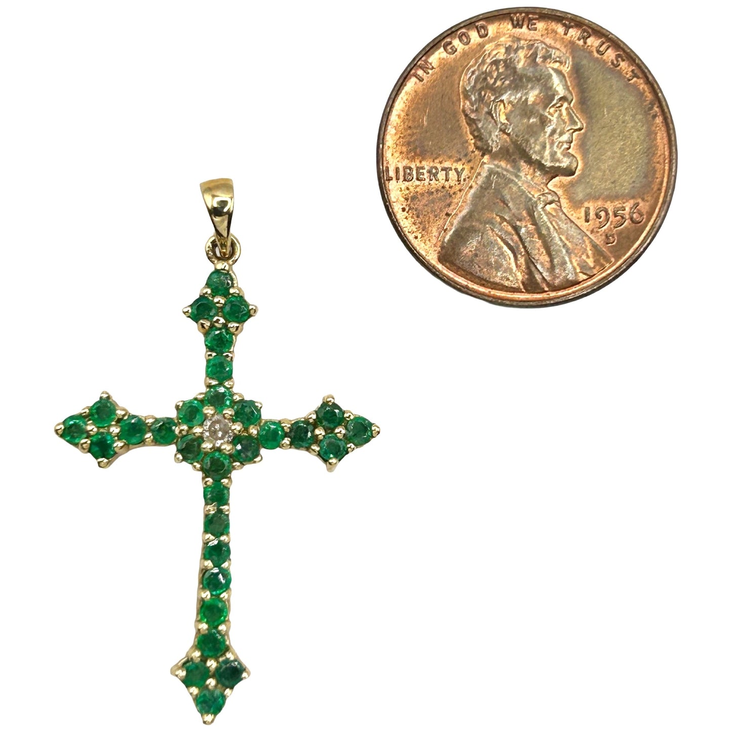 14k Yellow Gold Natural Emerald and Diamond Cross Pendant