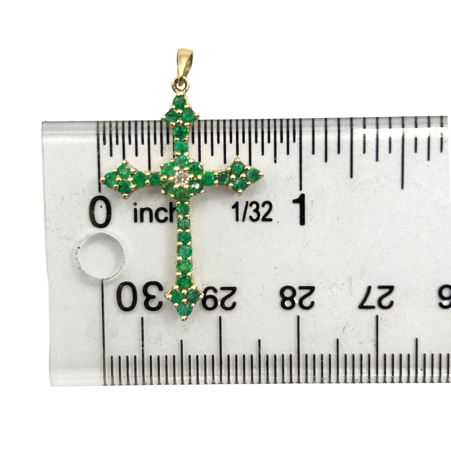 14k Yellow Gold Natural Emerald and Diamond Cross Pendant