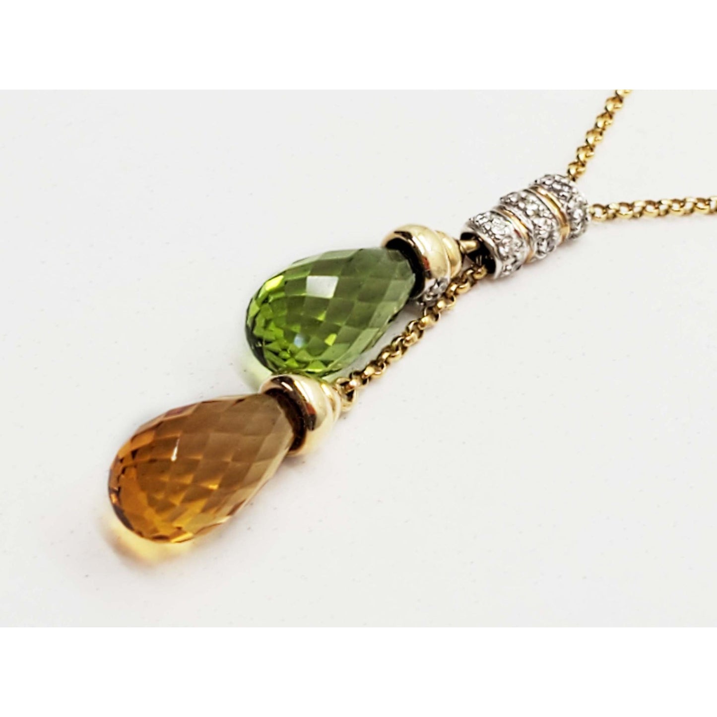 Natural Peridot & Citrine Briolette Dangle Diamond Accent Chain Necklace 14k Gold