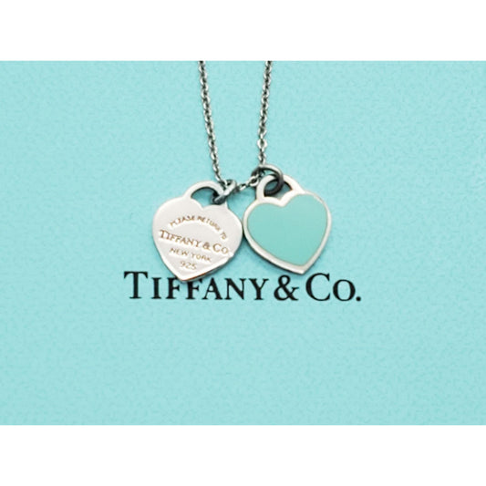 Tiffany & Co Blue Double Heart Tag Pendant Necklace Sterling Silver 18"