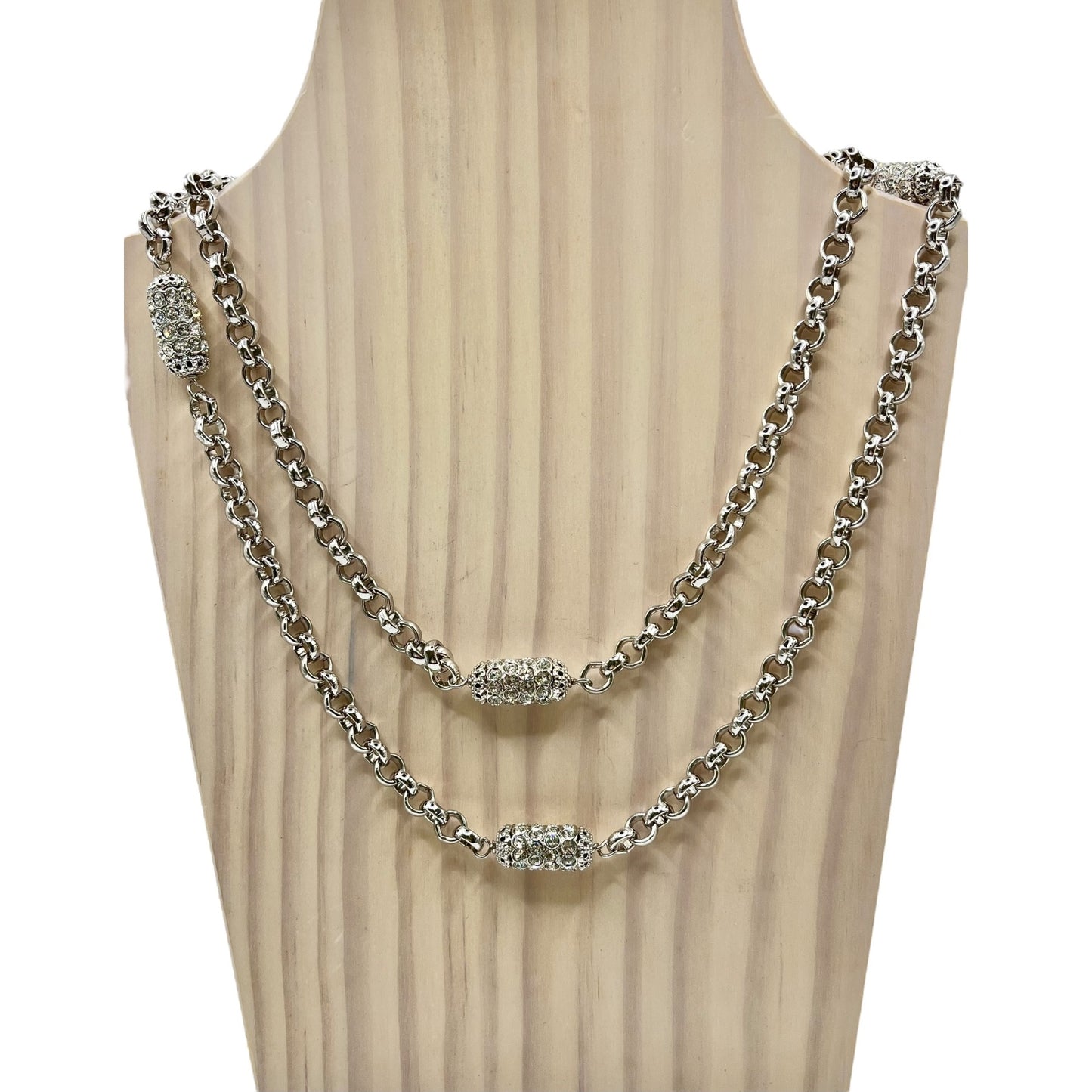 St. John Silver Tone Necklace Crystal Pave Beads Long Chained Statement