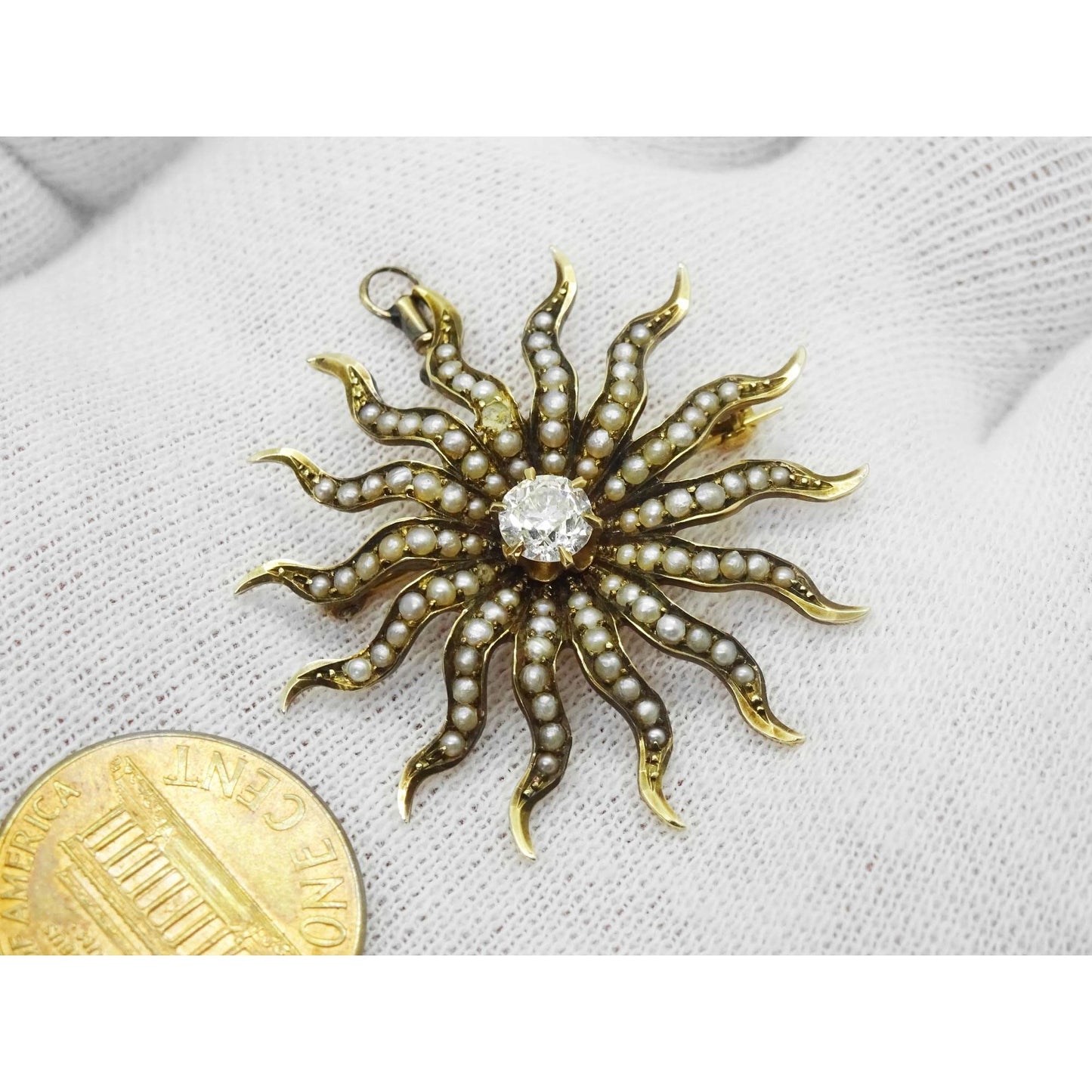 Antique Victorian Old Euro Diamond & Seed Pearl Sun Brooch Pendant 14k Gold