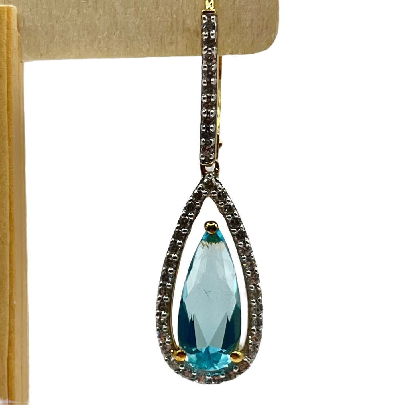 925 Sterling Silver Gold Layered Blue Topaz Dangle Drop Earrings CZ Accents