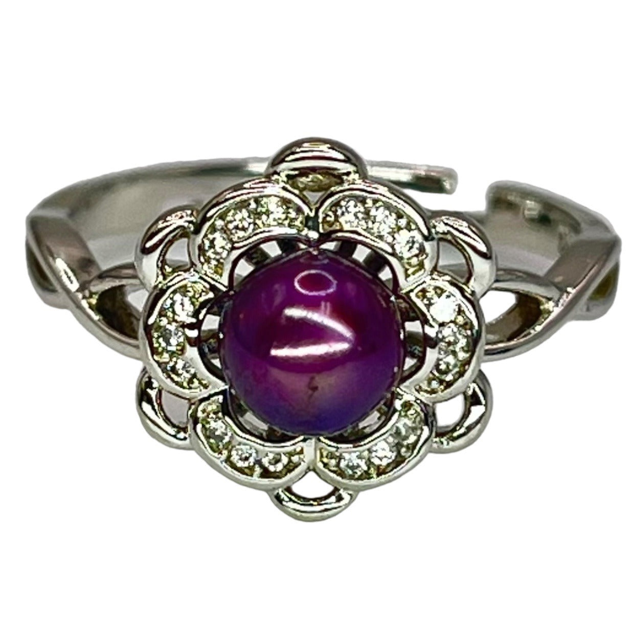 Sterling Silver Burgundy Dyed Freshwater Pearl Adjustable Ring CZ Accent Flower