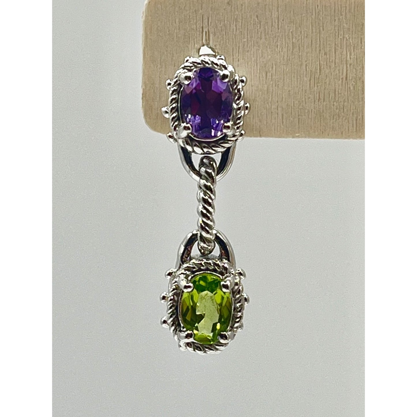 Chapal Zenray Thailand Sterling Silver Peridot Amethyst Dangle Earrings Textured