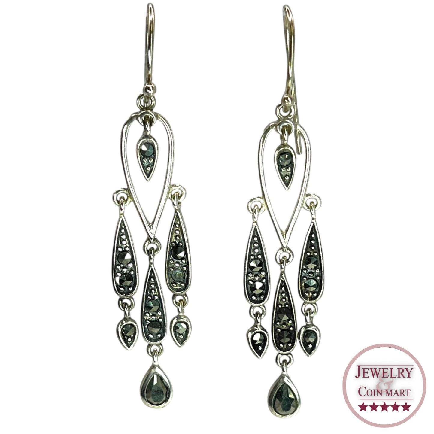 Ross Simons 925 Sterling Silver Drop Dangle Marcasite Earrings Statement