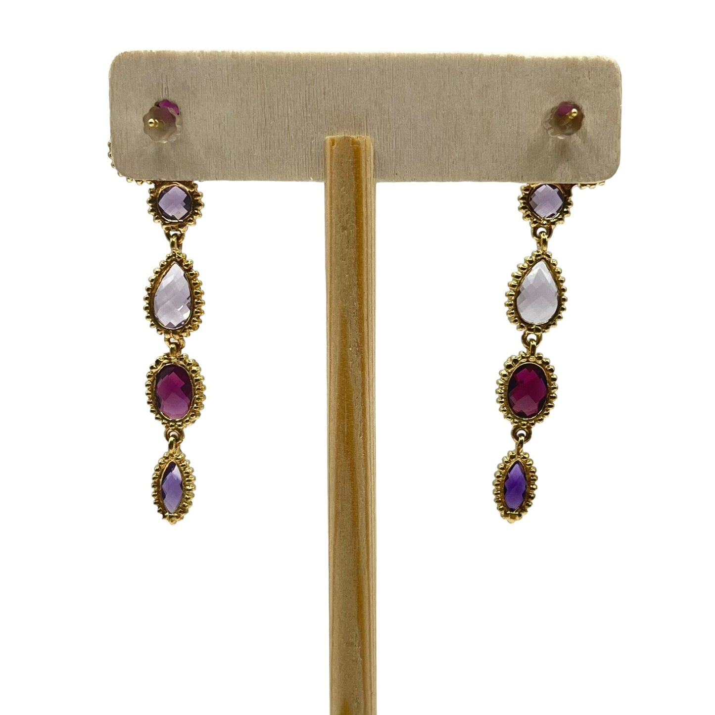 925 Sterling Silver Gold Layered Dangle Drop Earrings Mixed Cut Crystals Purple