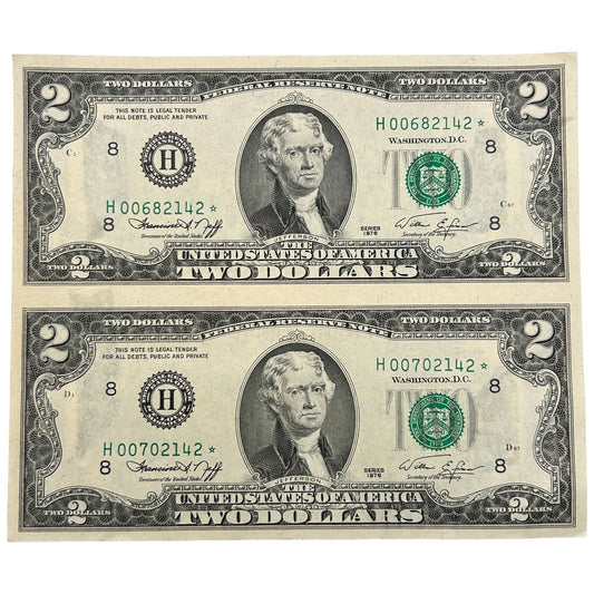 1976 $2 Uncut Sheet Of 2 Star Note Banknotes - Uncirculated