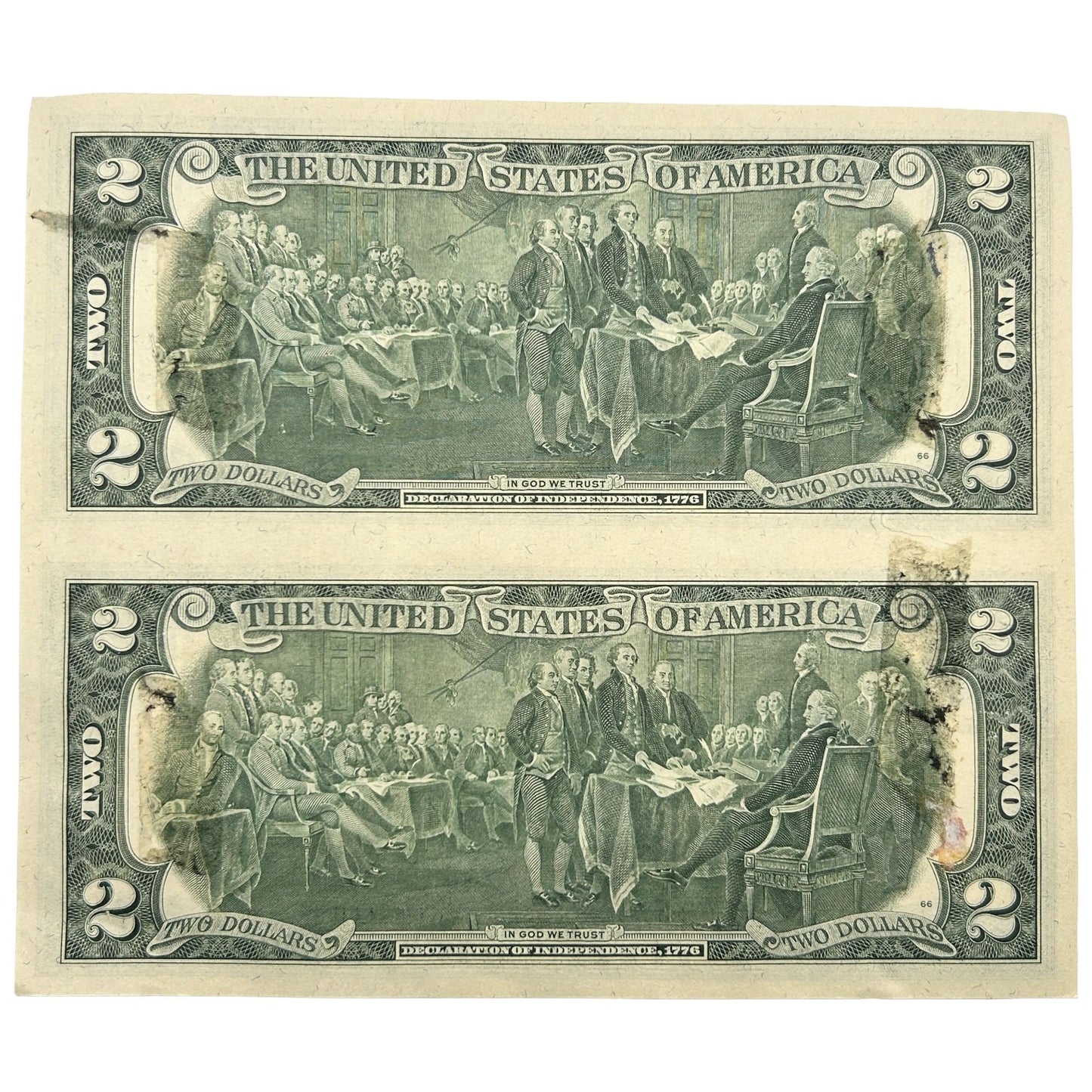 1976 $2 Uncut Sheet Of 2 Star Note Banknotes - Uncirculated