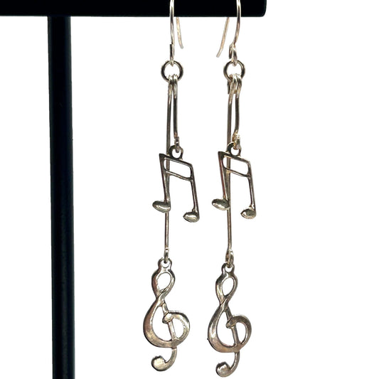 925 Sterling Silver Dangle Earrings Treble Clef/Pair of 1/16 Music Notes
