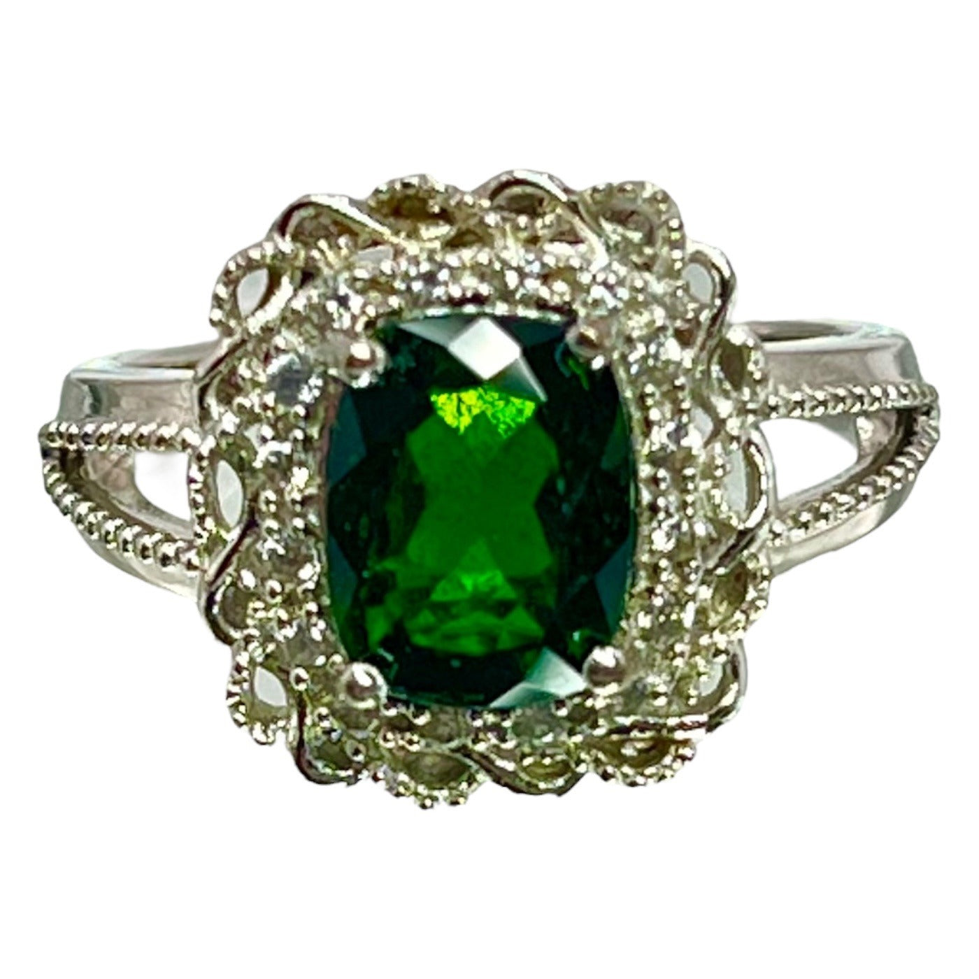 925 Sterling Silver Chrome Diopside Ring Sz 7.75 Cubic Zirconia Ornate Statement