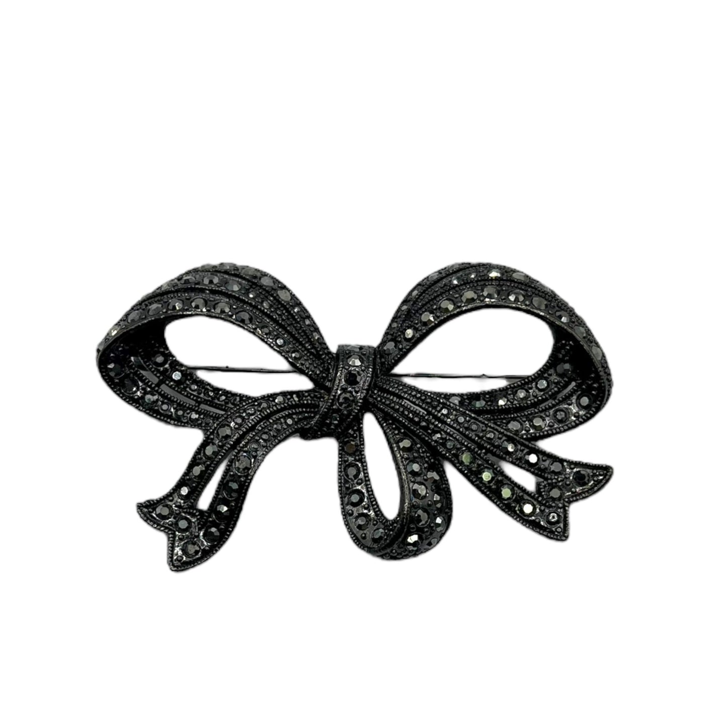 R.J. Graziano Gunmetal Bow Brooch Pin Big Statement Marcasite Ribbon