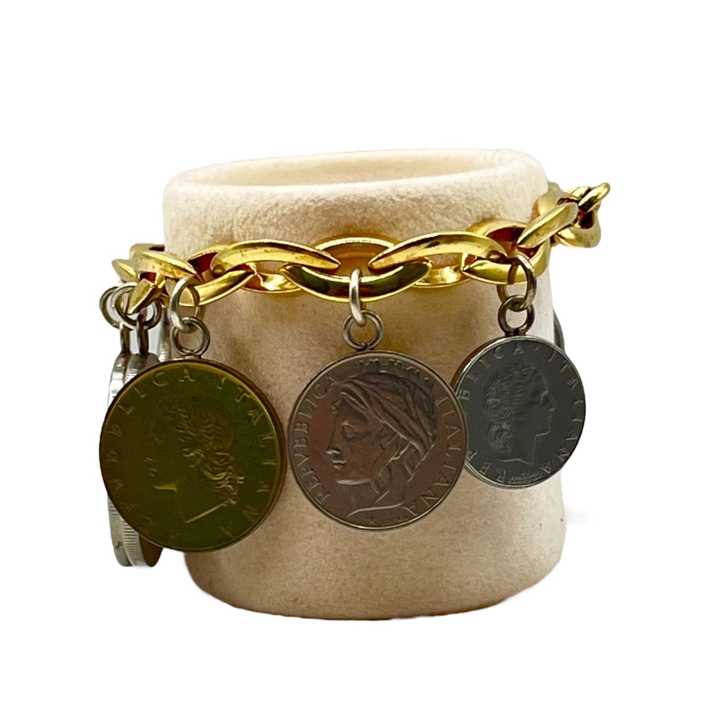 Milor Italy Sterling Gold Vermeil Coin Charm Bracelet Genuine Lire Coin Italian